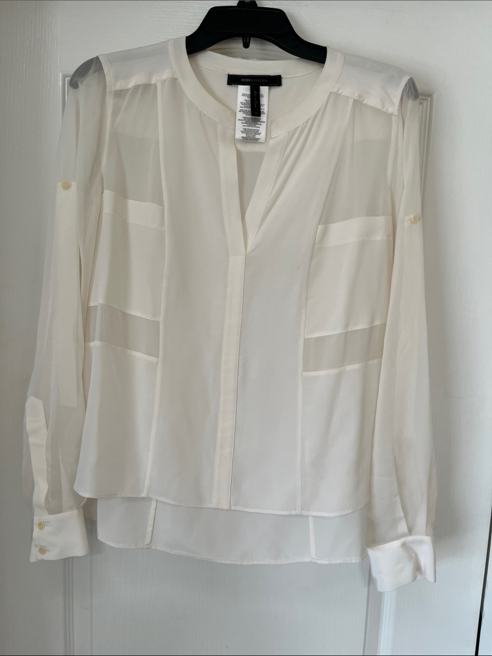 BCBGMaxAzria silk Sheer V-Neck Long Sleeve Blouse, M